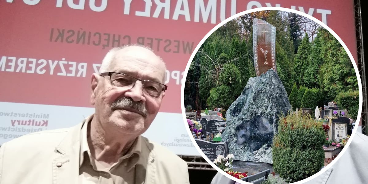 Sylwester Chęciński, reżyser kultowej trylogii o Kargulach i Pawlakach. Na zdjęciu w kółeczku - pomnik nagrobny reżysera na cmentarzu Grabiszyńskim 