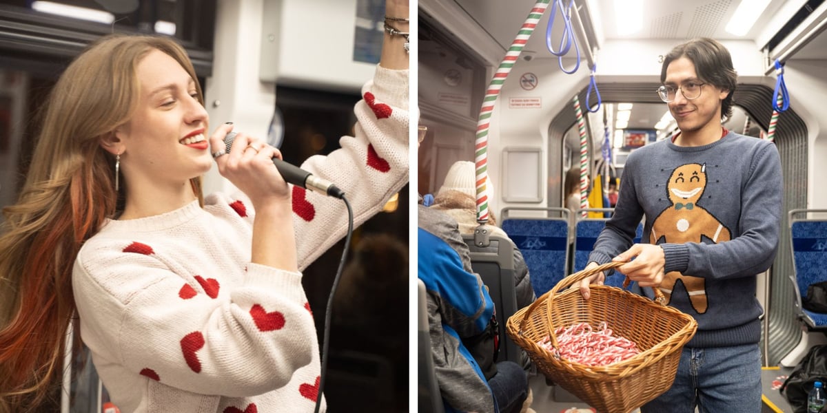 Kolaż dwóch zdjęć. Z lewej: Wiktoria Zjawiony z mikrofonem, śpiewająca w tramwaju. Z prawej: Szymon Majkrzak rozdający w tramwaju świąteczne łakocie.