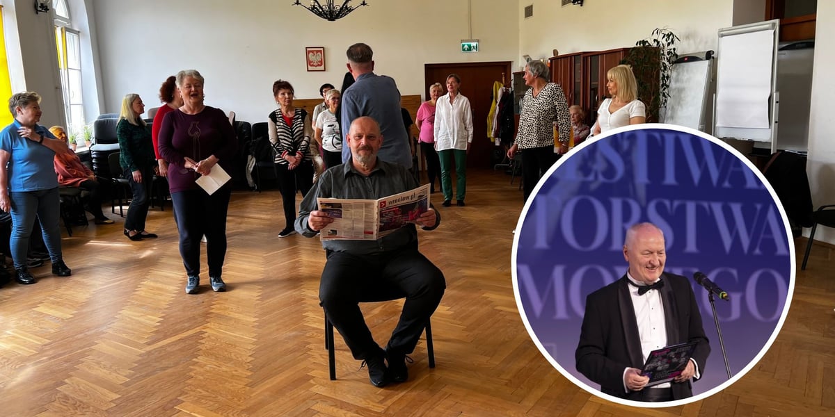 Seniorzy - uczestnicy warsztatów aktorskich w ramach Wrocławskiego Filmowego Centrum Seniora. Na zdjęciu w kółeczku - Stanisław Dzierniejko