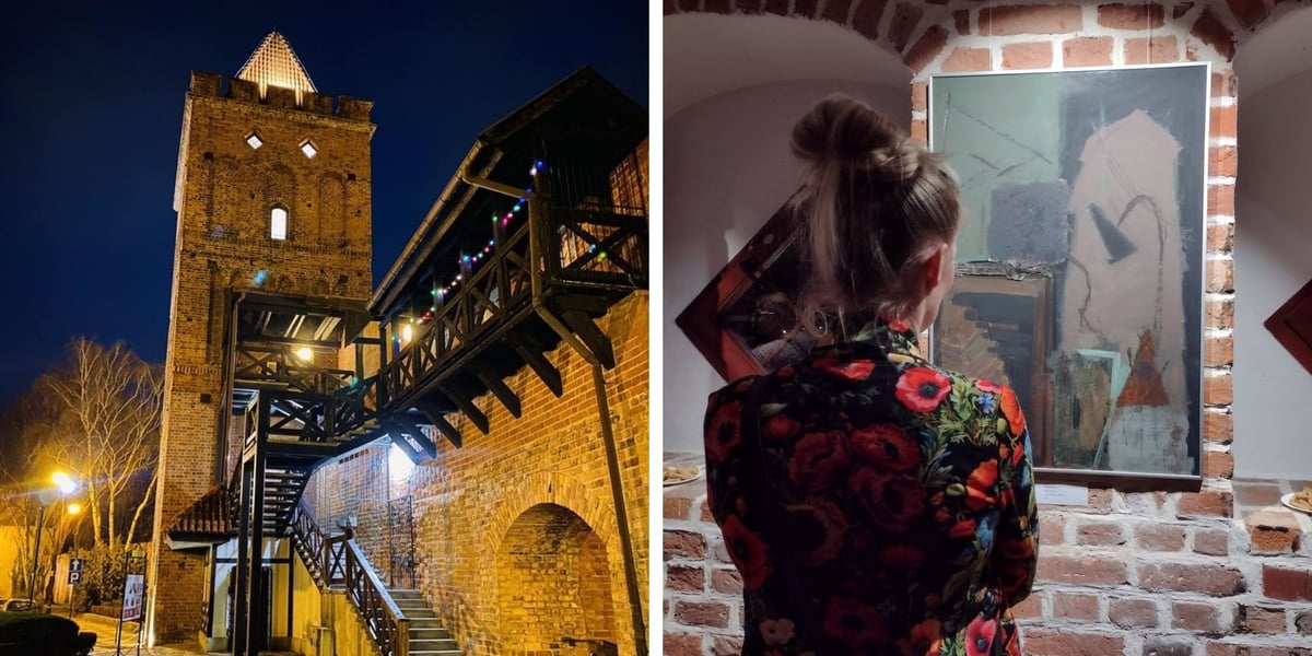 Po lewej: Brama Wrocławska, po prawej: kobieta patrząca na obraz