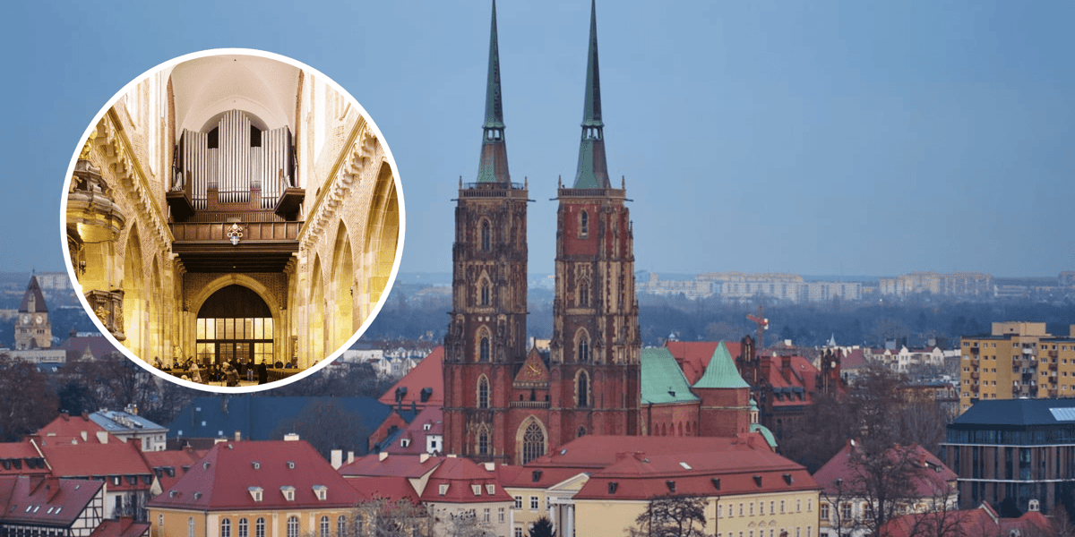 Z lewej w kółku organy w katedrze, z prawej wieże katedry wrocławskiej