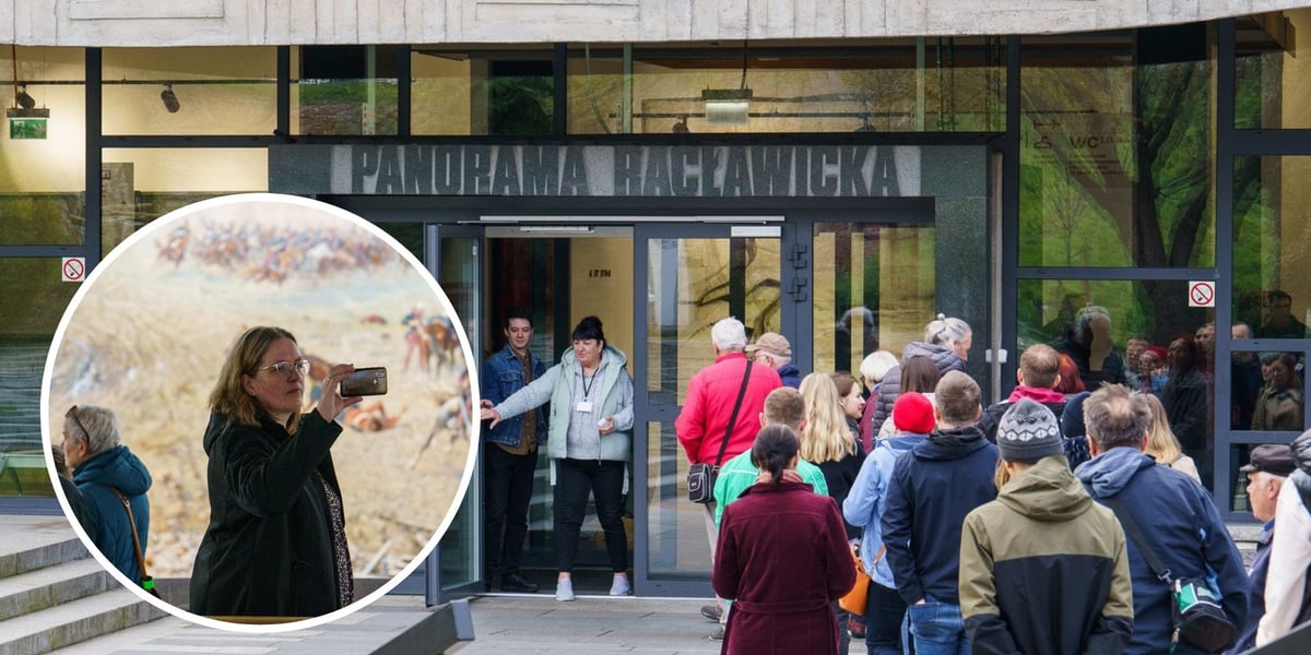 Kolaż dwóch zdjęć – na głównym wejście do Panoramy Racławickiej z kolejką o poranku, na mniejszym kobieta robiąca zdjęcie obrazowi