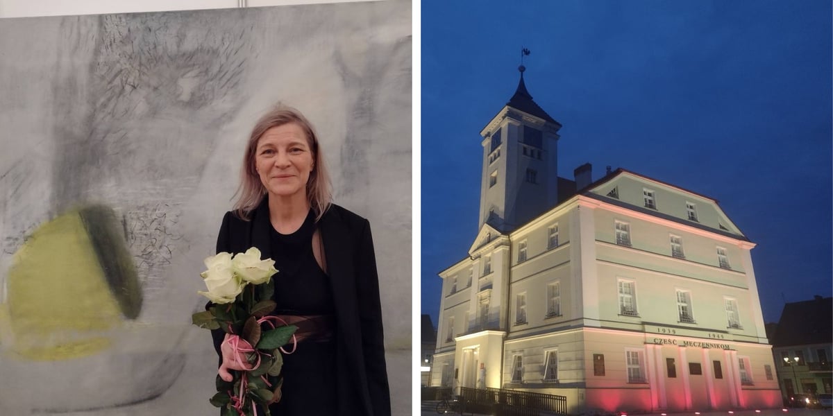Po lewej: Anna Maria Kramm z kwiatami na tle pracy "Spotkanie nadchodzi", po prawej: ratusz w Kościanie