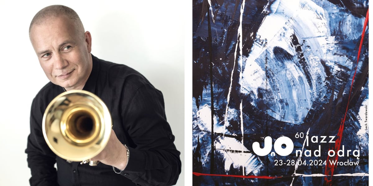 Po lewej: Piotr Wojtasik w czarnej koszuli i z trąbką, po prawej: plakat autorstwa Lecha Twardowskiego. Na plakacie widać m.in. napis 60 Jazz nad Odrą, 60 lat i podana jest data trwania Jazzu nad Odrą 23-28 kwietnia 2024