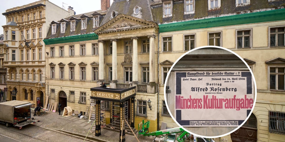 Kolaż dwóch zdjęć – na większym pałac Wallenberg-Pachalych przy Szajnochy zamieniony na Casino, na mniejszym – niemiecki plakat z serialu
