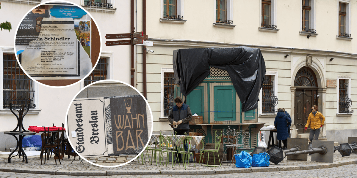 Dekoracje filmowe na Ostrowie Tumskim we Wrocławiu. Na zdjęciach w kółkach - niemieckie nekrologi i szyldy