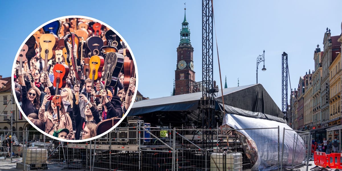 Kolaż dwóch zdjęć – na większym scena w rynku, na mniejszym gitarzyści podczas Gitarowego Rekordu Świata