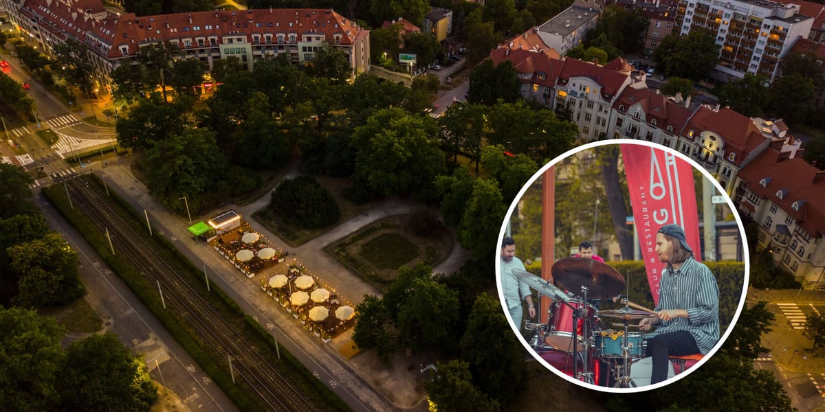 Kolaż dwóch zdjęć – na większym Przystanek Rondo z lotu ptaka, na mniejszym perkusista grający podczas koncertu na Przystanku Rondo