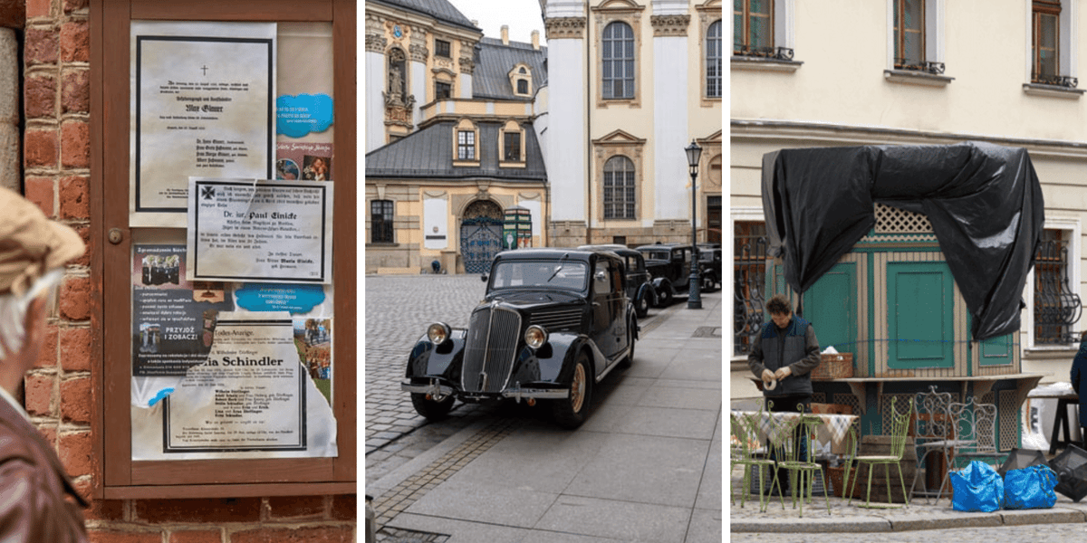 Foto dzielone na trzy części - po lewej przedwojenne ogłoszenia niemieckie (część scenografii filmu), w środku zabytkowe auto z czasów Breslau na pl. Uniwersyteckim, po prawej - dekoracja na Ostrowie Tumskim (kiosk z drewna)