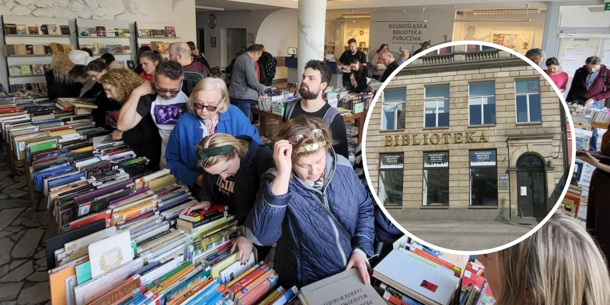 Na dużym zdjęciu ludzie szukający książek na giełdzie, na małym zdjęciu w kółku budynek Dolnośląskiej Biblioteki Publicznej w Rynku
