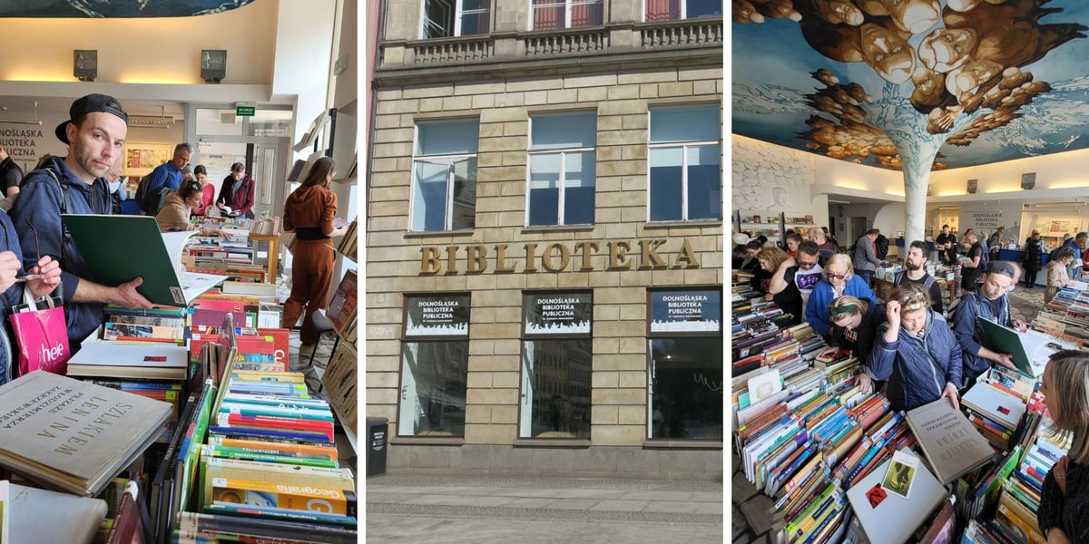 Kolaż trzech zdjęć – w środku budynek Dolnośląskiej Biblioteki Publicznej w Rynku, z lewej i z prawej – ludzie szukający książek na giełdzie