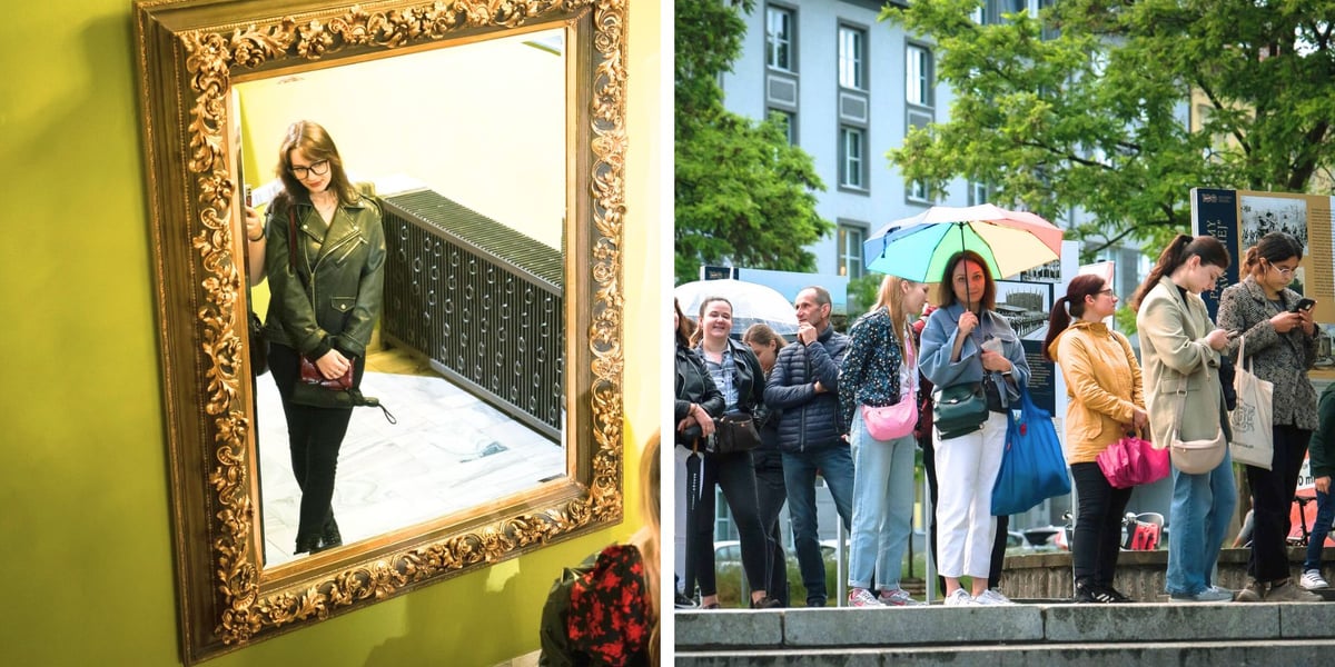 Po lewej: dziewczyna odbijająca się w lustrze w muzeum / po prawej: dziewczyna pod parasolem w kolejce do Panoramy Racławickiej