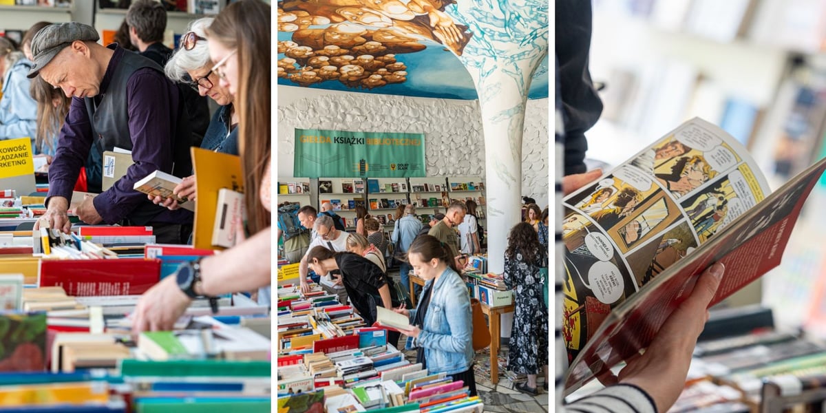 Kolaż trzech zdjęć - na wszystkich czytelnicy przeglądający książki i inne zbiory wystawione na sprzedaż w Dolnośląskiej Bibliotece Publicznej w rynku