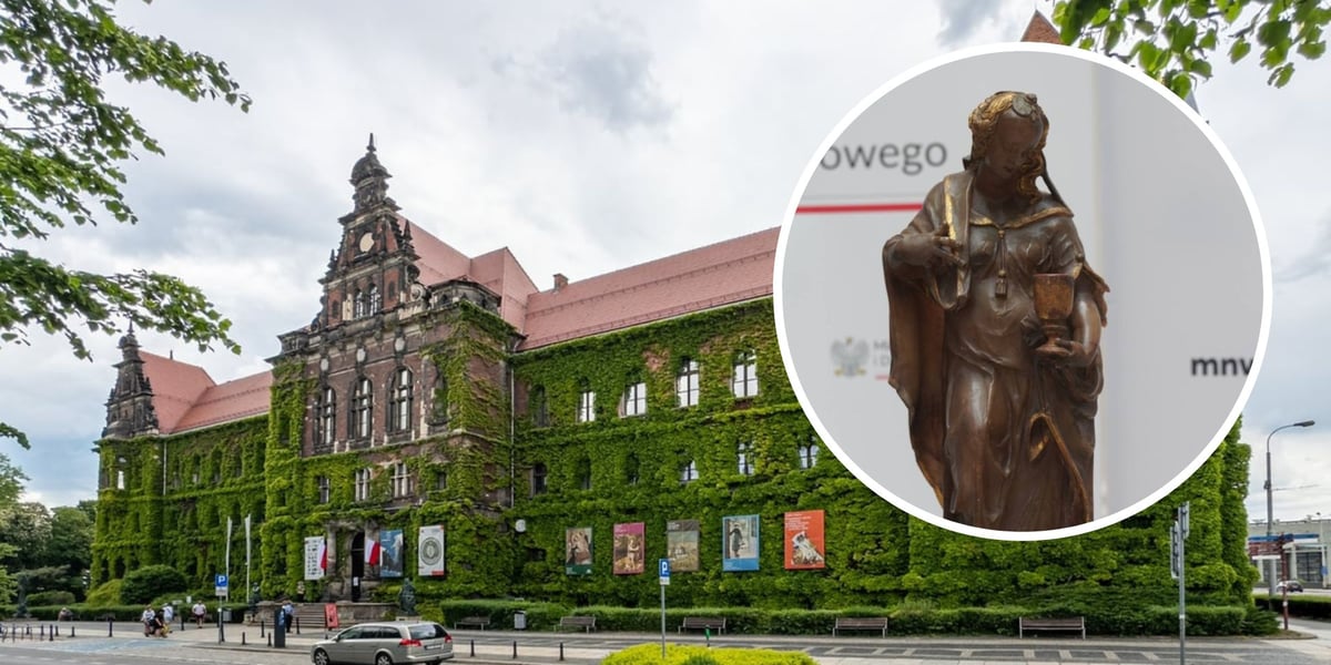 Kolaż dwóch zdjęć – gmach Muzeum Narodowego we Wrocławiu i rzeźba z XVII wieku