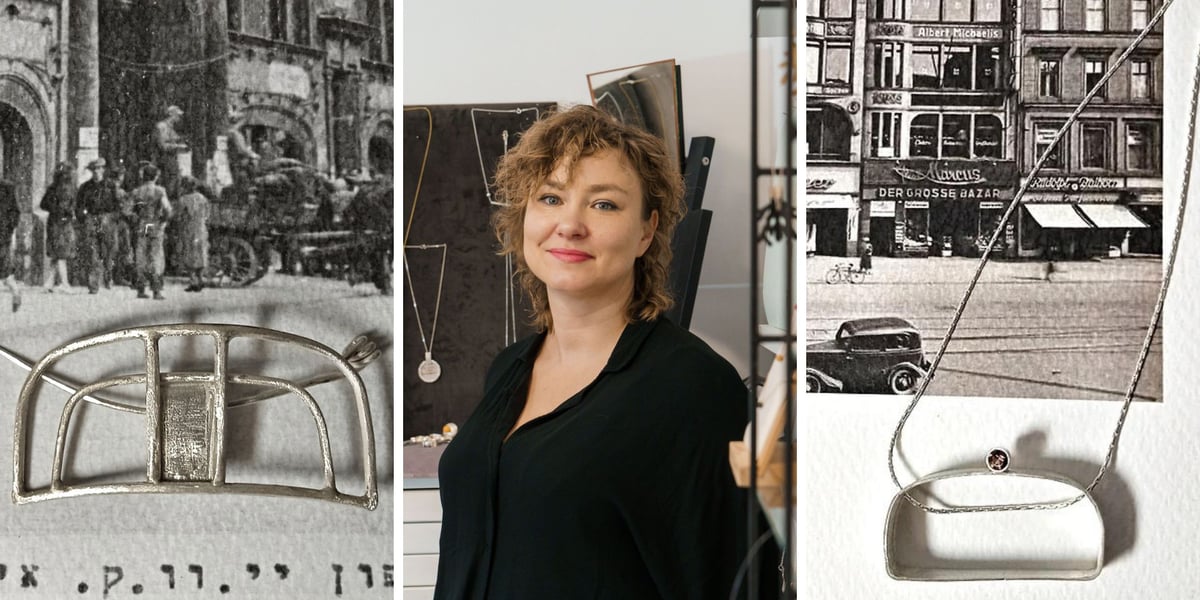 Kolaż trzech zdjęć – z lewej i z prawej zdjęcie biżuterii Dominiki Kuźniar inspirowanej architekturą Wrocławia, w środku portret projektantki w jej pracowni