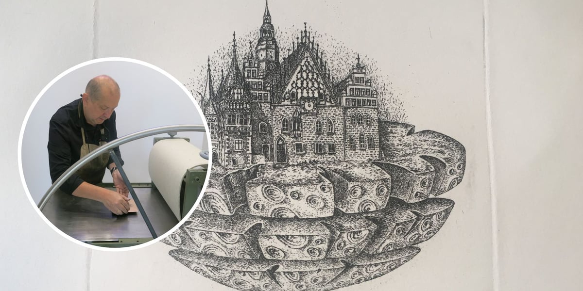 Kolaż dwóch zdjęć – na większym grafika „Warstwy Wrocławia” prof. Przemysława Tyszkiewicza do wygrania w konkursie
