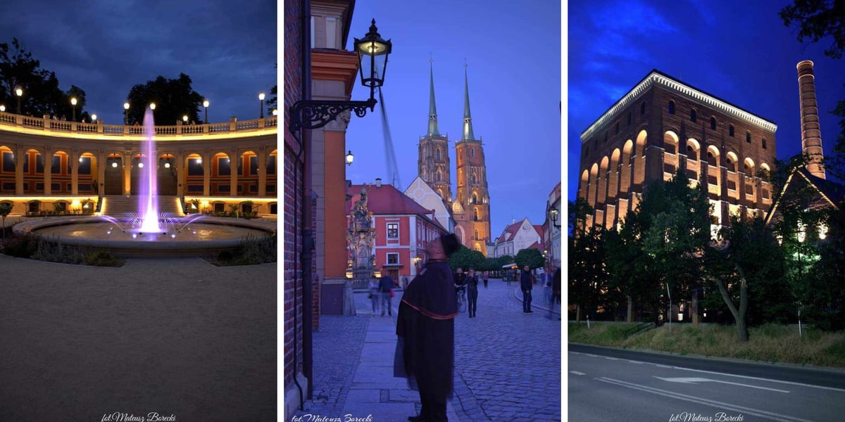 Trzy zdjęcia Wrocławia nocą – od lewej Bastion Sakwowy, Ostrów Tumski i MPWiK-wieża ciśnień