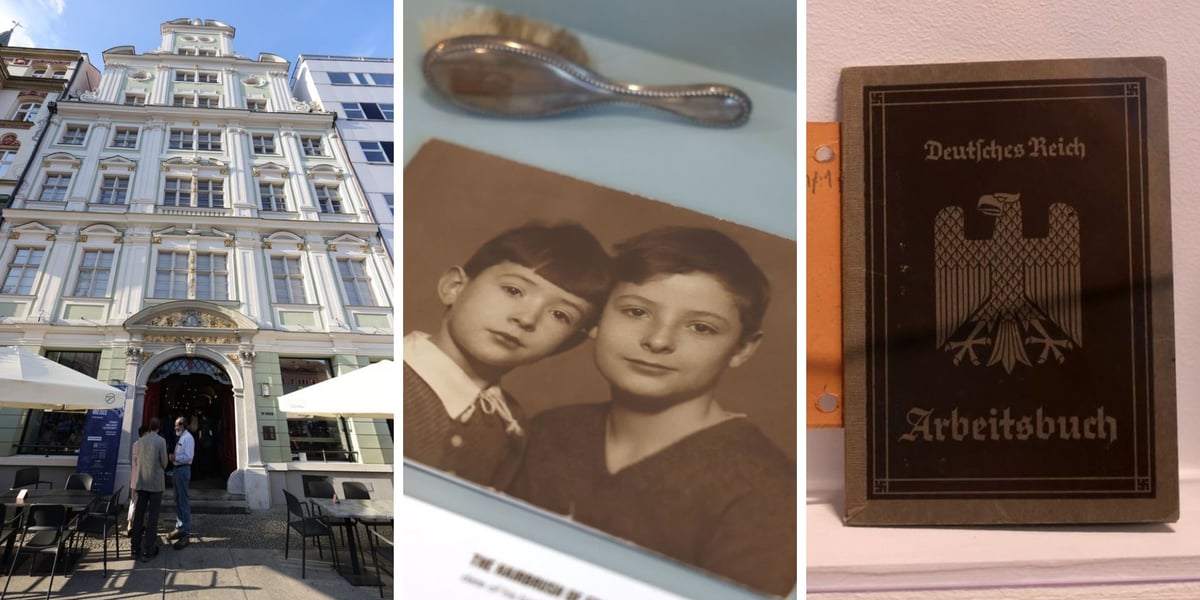 Kolaż trzech zdjęć – kamienica, w której mieści się Dom dla kultury Op enheim, zdjęcie dzieci zabrane przez Breslauerów, książeczka pracy jednego z Breslauerów z okresu III Rzeszy