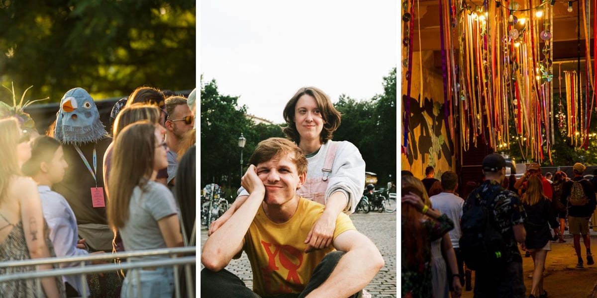 Kolaż 3 zdjęć – z lewej maskotki festiwalowe człowiek-gołąb, w środku Oxford Drama, z prawej ludzie podczas Festiwalu WROsound