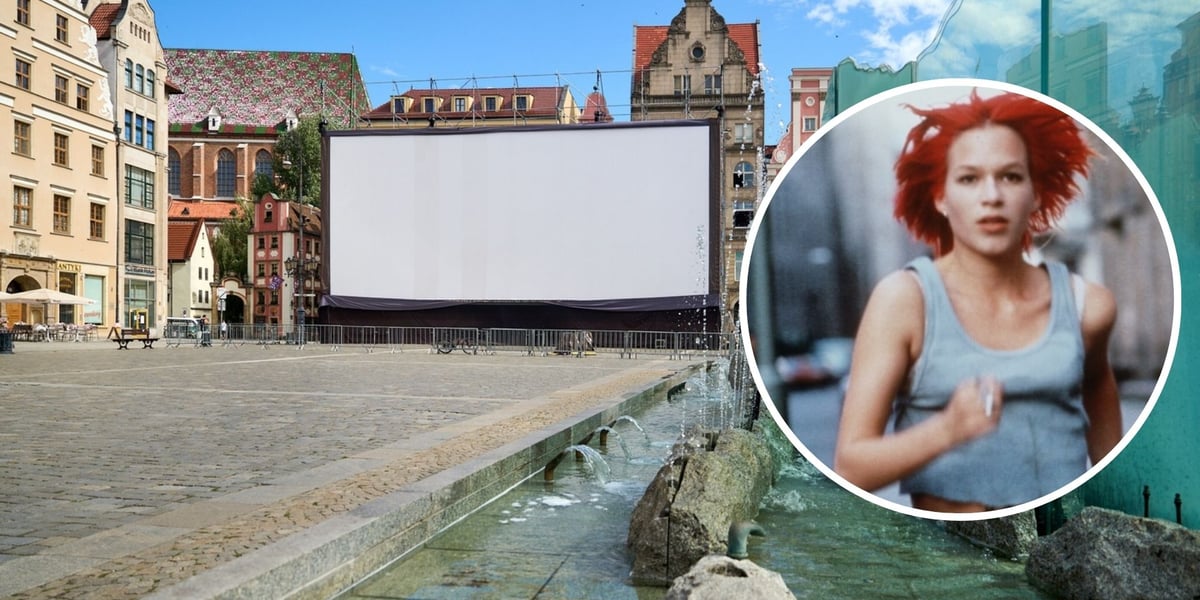 Kolaż dwóch zdjęć - na dużym – ekran Festiwalu Nowe Horyzonty 2024 gotowy na rynku, na małym – Franka Potente w filmie „Biegnij, Lola, biegnij”, który obejrzymy w rynku