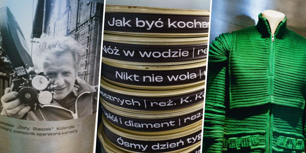 Kolaż trzech zdjęć – od lewej legenda wytwórni – Stanisław Kolenda, wózkarz, pomocnik operatora, w środku puszki ze słynnymi filmami kręconymi we Wrocławiu, z prawej kostium z filmu „Na srebrnym globie” w reż. Andrzeja Żuławskiego