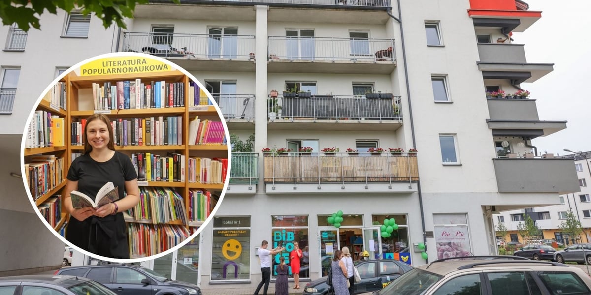 Kolaż dwóch zdjęć – na większym budynek przy Wietnamskiej 3/2, w którym mieści się biblioteka, na mniejszym zdjęciu kobieta z książką przy półce bibliotecznej