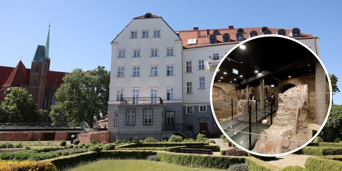 Dom Notre Dame na Ostrowie Tumskim (duże zdjęcie) i relikty średniowiecznego zamku (zdjęcie w kółku)