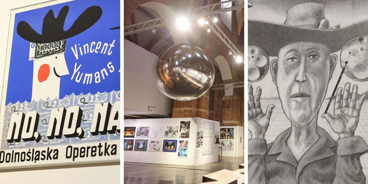 Kolaż trzech zdjęć, na dwóch skrajnych prace prof. Michała Jędrzejewskiego, w środku widok na wystawę w Muzeum Architektury