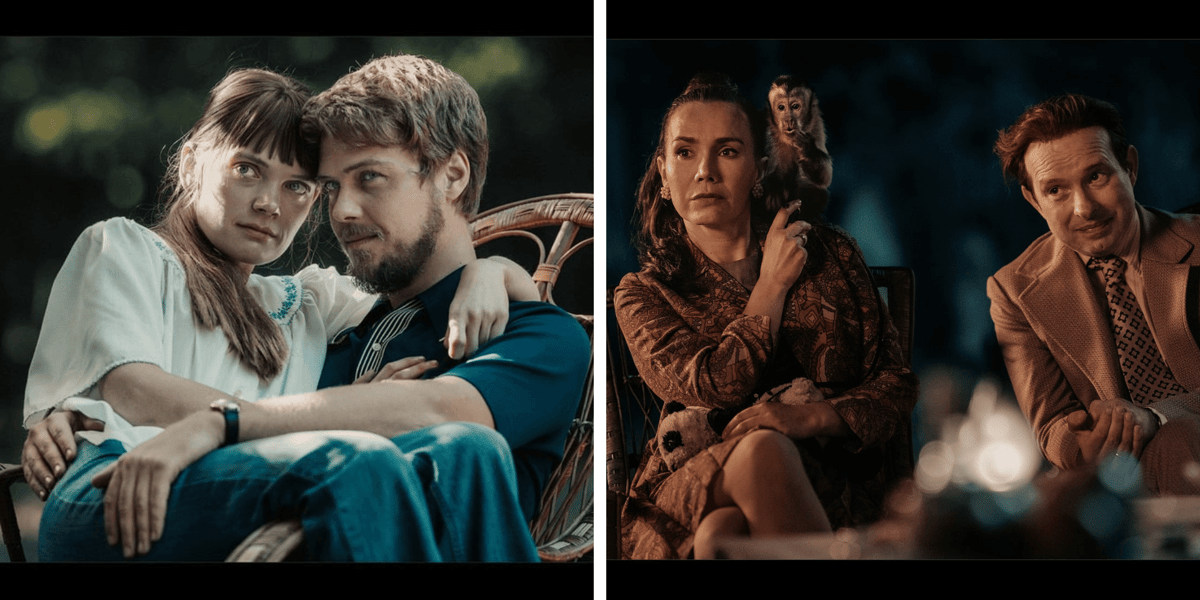 Kadr z filmu "Simona Kossak". Od lewej: aktorka Sandra Drzymalska (Simona Kossak) siedzi na kolanach Jakuba Gierszała (Lech Wilczek), obok Olga Bołądź i Dariusz Chojnacki w rolach Hanny i Antoniego Gucwińskich.