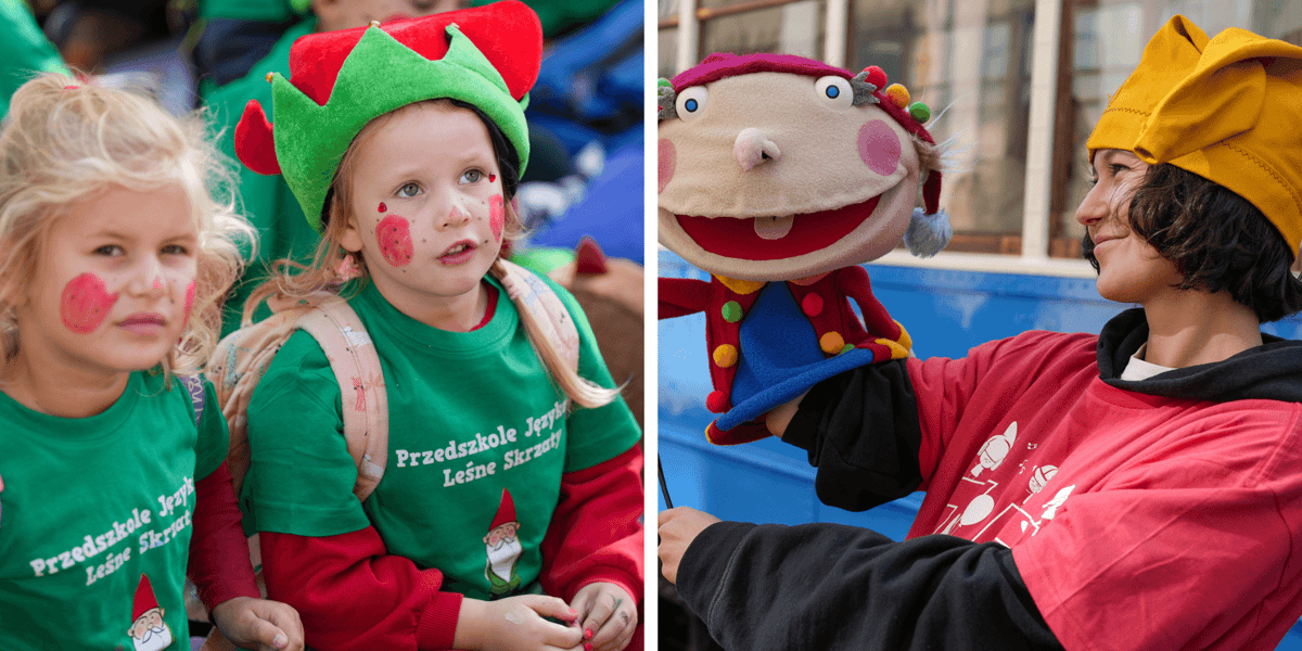 Z lewej dwie dziewczynki w czapkach na Wrocławskim Festiwalu Krasnoludków, obok młoda dziewczyna w czapce z maskotką.