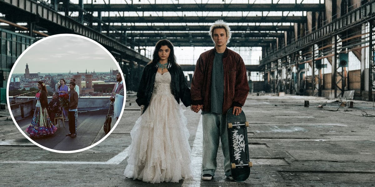 na zdjęciu dwoje bohaterów filmu „Wrooklyn Zoo” w hali wrocławskiego Hutmenu, na małym zdjęciu romska rodzina na dachu budynku we Wrocławiu z widokiem na NFM, sąd 