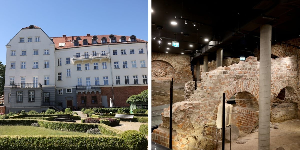 Dwa zdjęcia – z lewej Dom Notre Dame na Ostrowie (w podziemiach znajdują się relikty dawnego zamku), z prawej ekspozycja do zwiedzania