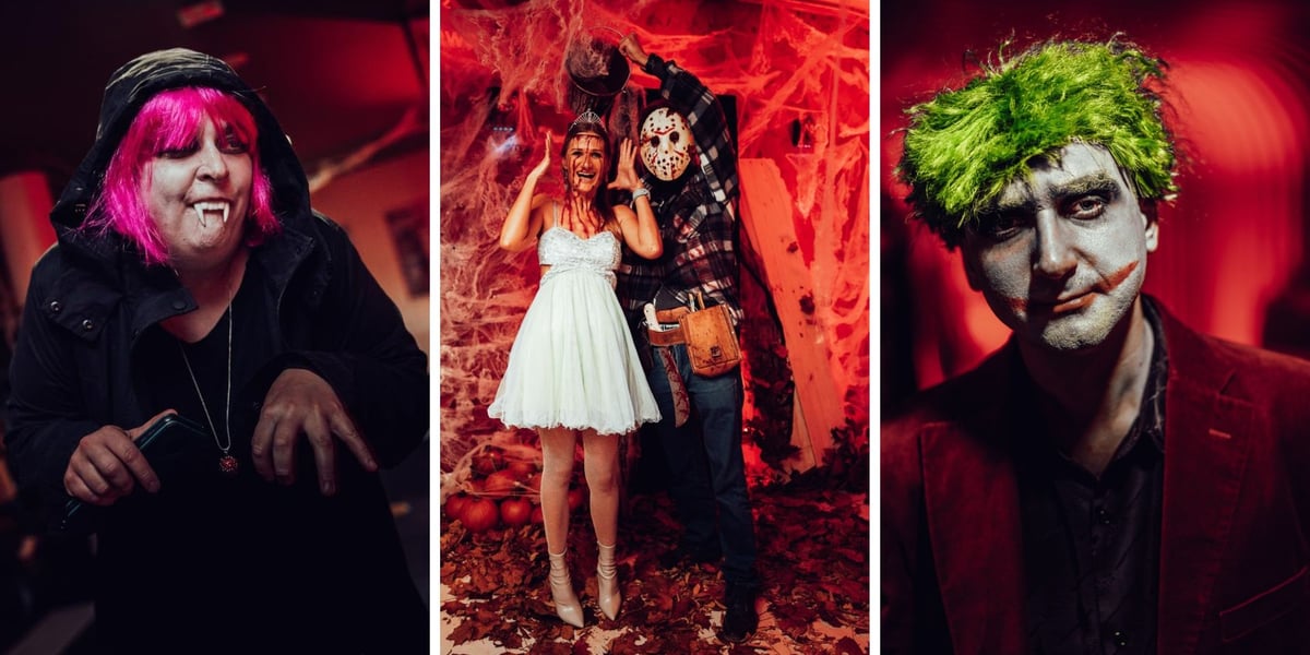 Zestaw trzech zdjęć, na każdym osoby przebrane w stylu Halloween