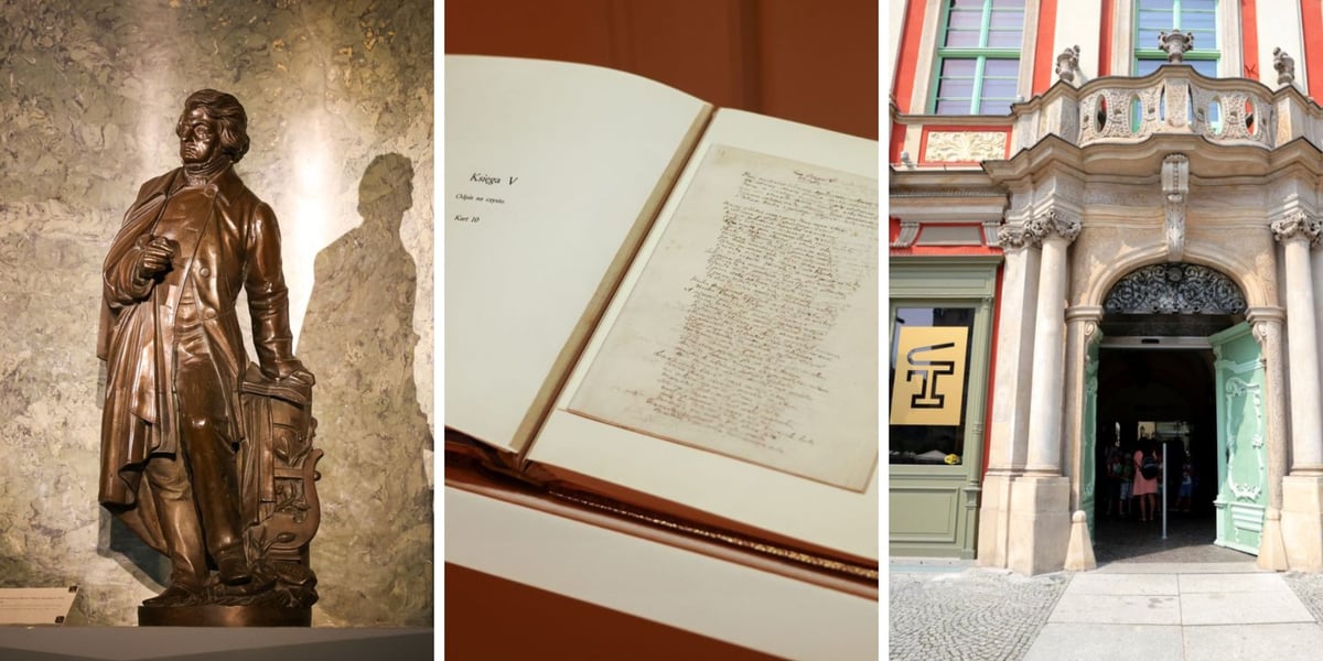 Na zdjęciu rzeźba przedstawiająca Adama Mickiewicza, rękopis V księgi „Pana Tadeusza”, z prawej Muzeum Pana Tadeusza