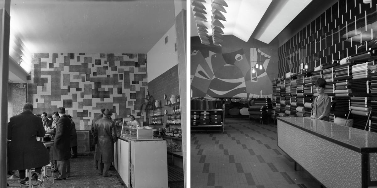 Z lewej Bar Wiking, ul. Świerczewskiego (obecnie ul. Piłsudskiego), 1965. proj. Danuta Kowalczyk, obok sklep z wełnami Merino, pl. PKWN (obecnie pl. Legionów), 1964, proj. Barbara Łukaszewicz - zdjęcia z wystawy "Nowoczesne wnętrze" w MAW