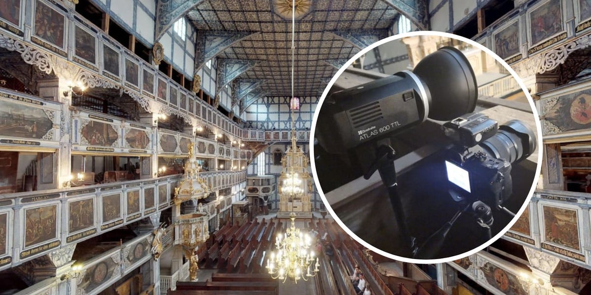 Wnętrze Kościoła Pokoju w Jaworze, zabytku z Listy Światowego Dziedzictwa UNESCO, w kółeczku digitalizacja Kościoła Pokoju w Jaworze