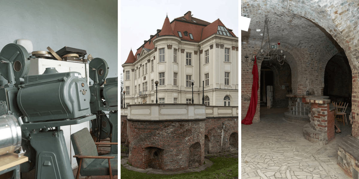 Wnętrza Zamku w Leśnicy - od lewej: miejsce, gdzie stoi projektor filmowy, w środku zamek z zewnątrz, a na zdjęciu po prawej - podziemia zamku