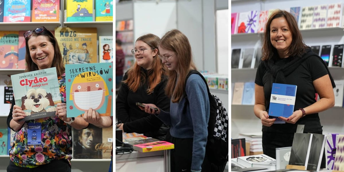 Trzy zdjęcia – od lewej wydawcy z Wydawnictwa Sonia Draga z nowościami dla dzieci, nastoletnie czytelniczki, Joanna Majek z Państwowego Instytutu Wydawniczego z nagrodzonym Nike tomem poezji Urszuli Kozioł