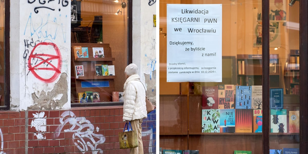 Po lewej: kobieta patrząca przez okno na regał z książkami, po prawej: naklejona na szybę kartka ze słowami "Likwidacja KSIĘGARNI PWN we Wrocławiu"