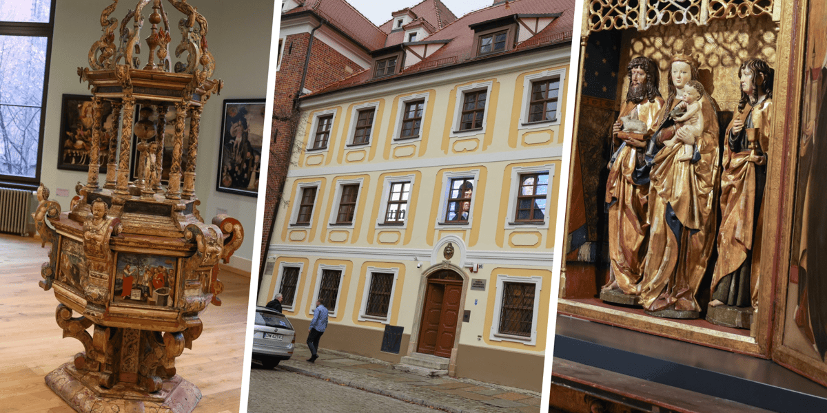 Zestawienie trzech zdjęć: bogato zdobiona ornamentyką chrzcielnica drewniana / budynek Muzeum Archidiecezjalnego we Wrocławiu (dawny dom kapituły na Ostrowie Tumskim) / cztery rzeźbione figury, w tym Matka Boża z Dzieciątkiem, w niszy nastawy ołtarzowej  