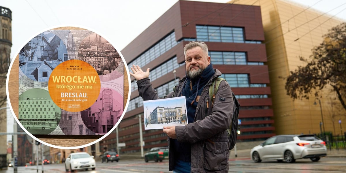 Na dużym zdjęciu przewodnik Michał Karczmarek przy ul. Krupniczej ze zdjęciem gmachu Śląskiego Muzeum Rzemiosła Artystycznego i Starożytności, które znajdowało się w miejscu dzisiejszego NFM. Na małym zdjęciu okładka książki „Wrocław, którego nie ma”, która ukazała się nakładem Wydawnictwa Księży Młyn 