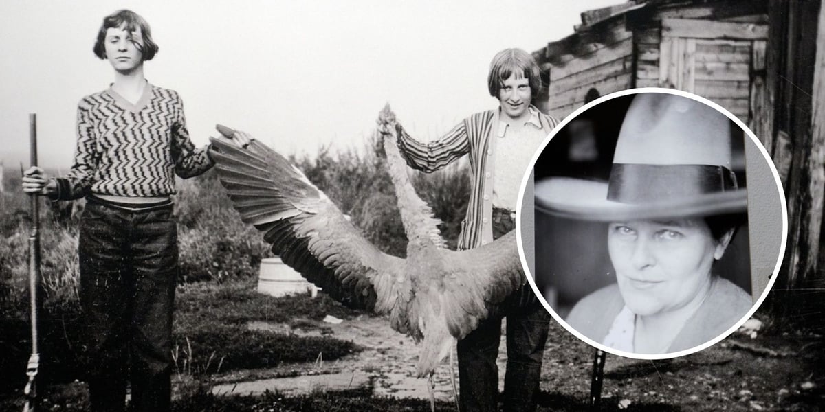 Dwa zdjęcia, na dużym fotografia wykonana przez Lorę Webb Nichols w Wyoming, na małym sama Lora Webb Nichols