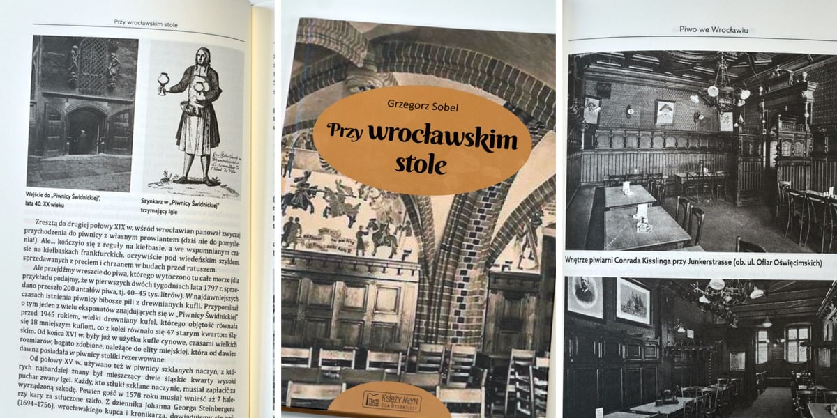 Na trzech zdjęciach okładka książki Grzegorza Sobela i wybrane strony z książki z fotografiami dawnych piwiarni i Piwnicy Świdnickiej