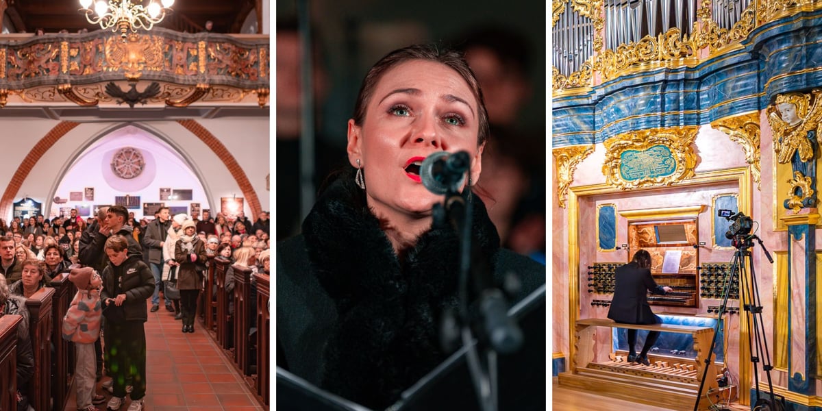 Na trzech zdjęciach publiczność w bazylice św. Elżbiety, solistka Małgorzata Kątnik przy mikrofonie, prof. Piotr Rojek przy stole gry organów Englera