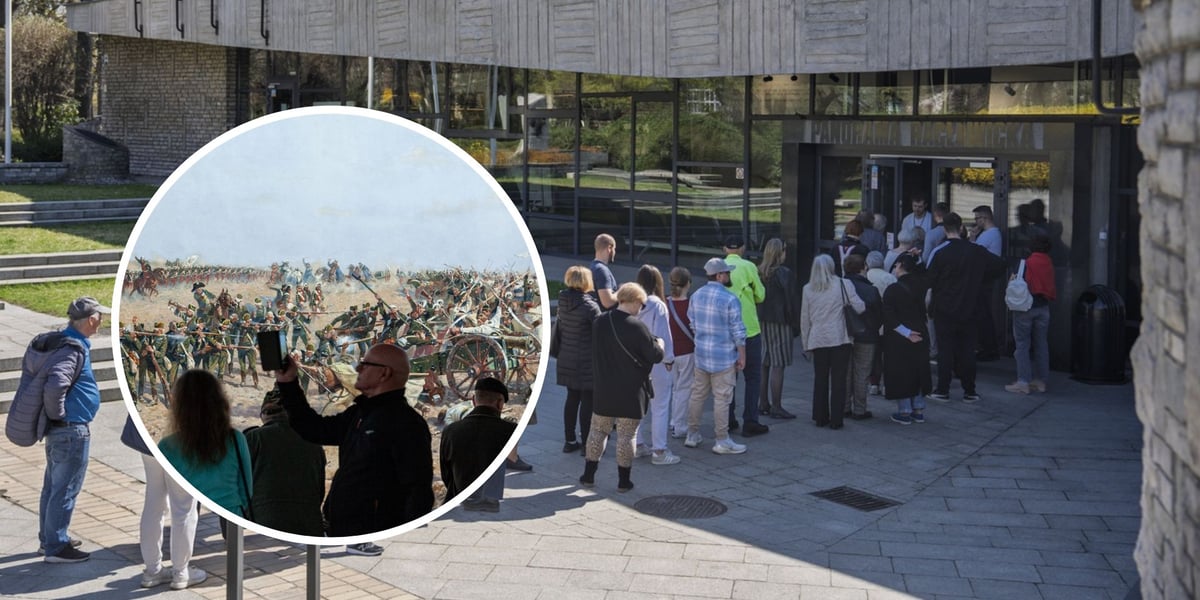 Na zdjęciu dużym kolejka do Panoramy Racławickiej, na zdjęciu małym w kółku zwiedzający na platformie widokowej przed obrazem