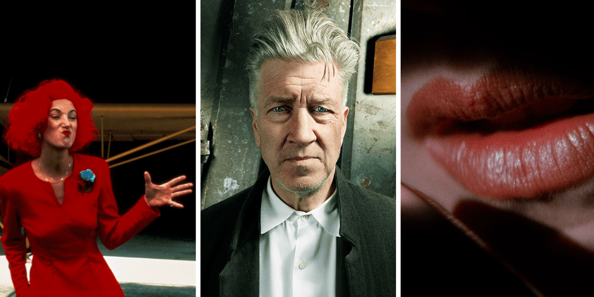 Kolaż 3 zdjęć: Kadry z filmów Twin Peaks: Ogniu krocz ze mną oraz Zagubiona autostrada, w środku portret Davida Lyncha