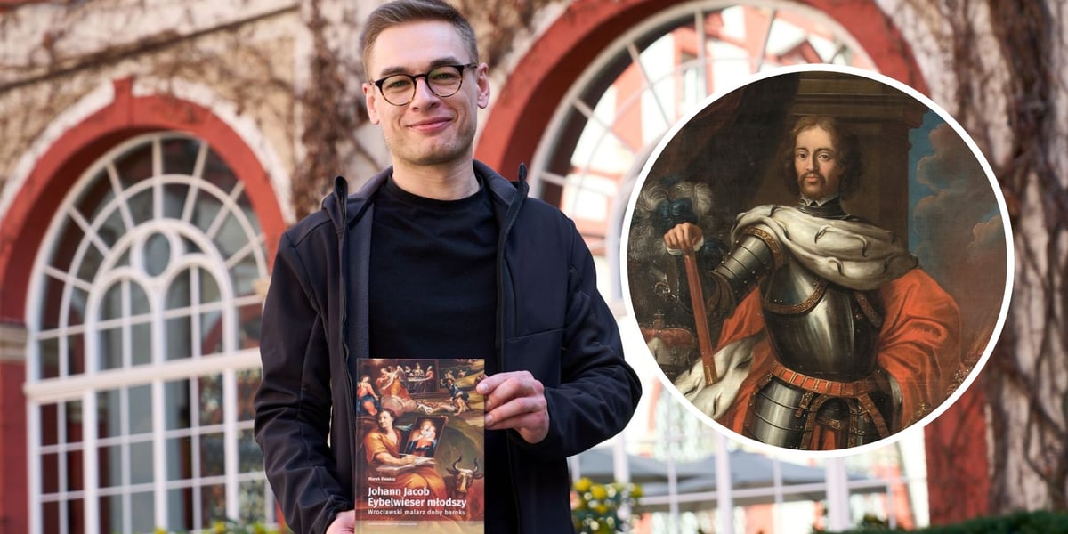 Na dużym zdjęciu Marek Kwaśny, autor książki o Johannie Jacobie Eybelwieserze młodszym w Ossolineum, na małym zdjęciu w kółku portret księcia Henryka Pobożnego pędzla Eybelwiesera 