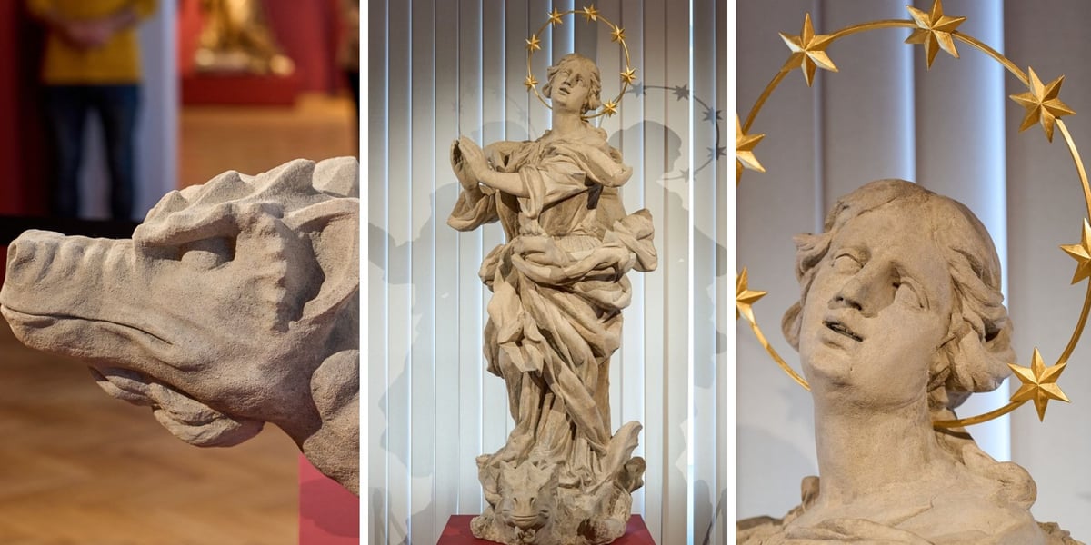Na trzech zdjęciach figura Immaculaty z kolumny maryjnej, jaka niegdyś stała przy pl. Nankiera, do obejrzenia w Muzeum Narodowym we Wrocławiu