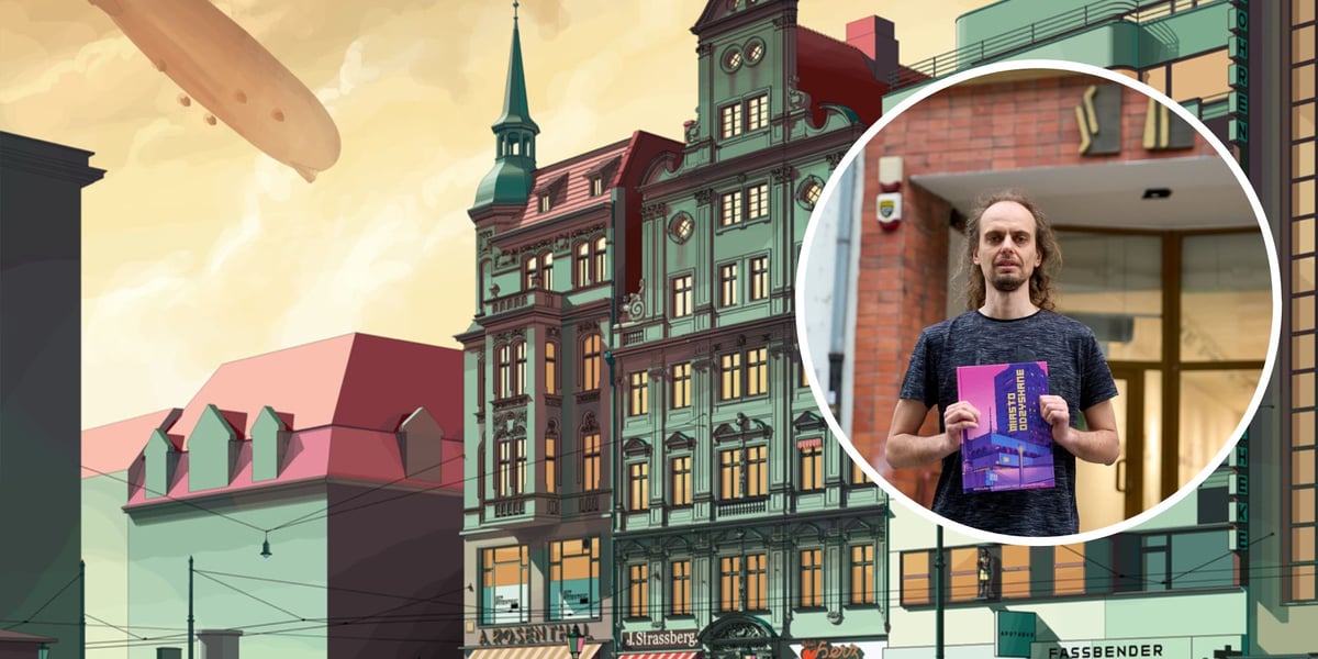 W tle plac Solny, grafika ze sterowcem. W kółku Jan Jerzmański z egzemplarzem książki "Miasto odzyskane"