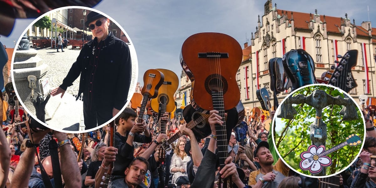 Na głównym zdjęciu gitarzyści podczas Gitarowego Rekordu Świata 2024, na zdjęciu w lewym kółku Leszek Cichoński przybija piątkę krasnalowi gitarzyście na rynku, na zdjęciu w prawym kółku pomnik Wrocławianki z gitarą i certyfikatem Gitarowego Rekordu Świata 2025